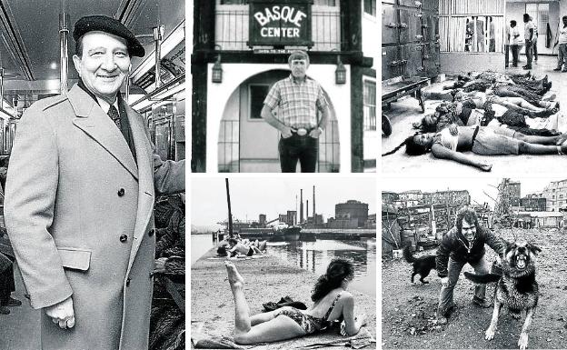 A la izquierda, Nicolás Sánchez-Albornoz.El historiador español, en el metro de Nueva York un día de trabajo. En la parte de arriba del centro, José María Artiach. Pastor vasco en Idaho, uno de los que fotografió Rodríguez para mostrar la integración en EE UU. Debajo, Un paraíso posible. Al sol en uno de los espigones de La Iberia, en Sestao, frente a Altos Hornos. Arriba a la derecha, la última foto. Histórica imagen en un depósito de cadáveres tras la invasión de Panamá por tropas estadounidenses. Debajo, En la chabola. Casetas en la Margen Izquierda, como las que proliferaban desde los años sesenta.