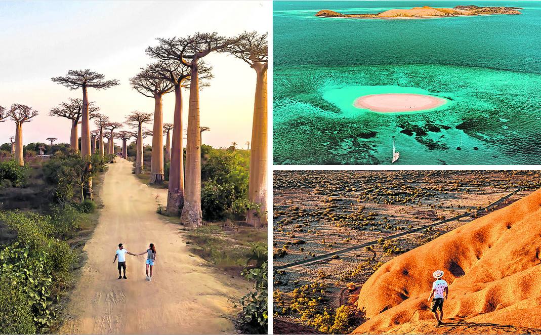 Madagascar. Álvaro Rojas pasea cogido de la mano de su mujer en la conocida como avenida de los baobabs. Fiyi. Navegando por el archipiélago. Australia. 'Outback', el interior remoto y semiárido. 