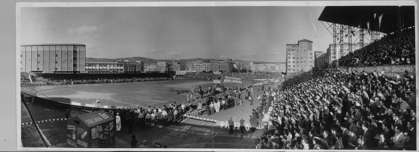 Llegada de la Vuelta ciclista a España al estadio de Garellano el 10 de mayo de 1961. Fue el terreno de juego del Indautxu entre 1948 y 1996. El campo de fútbol no contaría con iluminación eléctrica hasta el 4 de noviembre de 1969, cuando se estrenó para un partido de Copa del Indautxu –entonces Indauchu– y el Fabril de la Coruña.