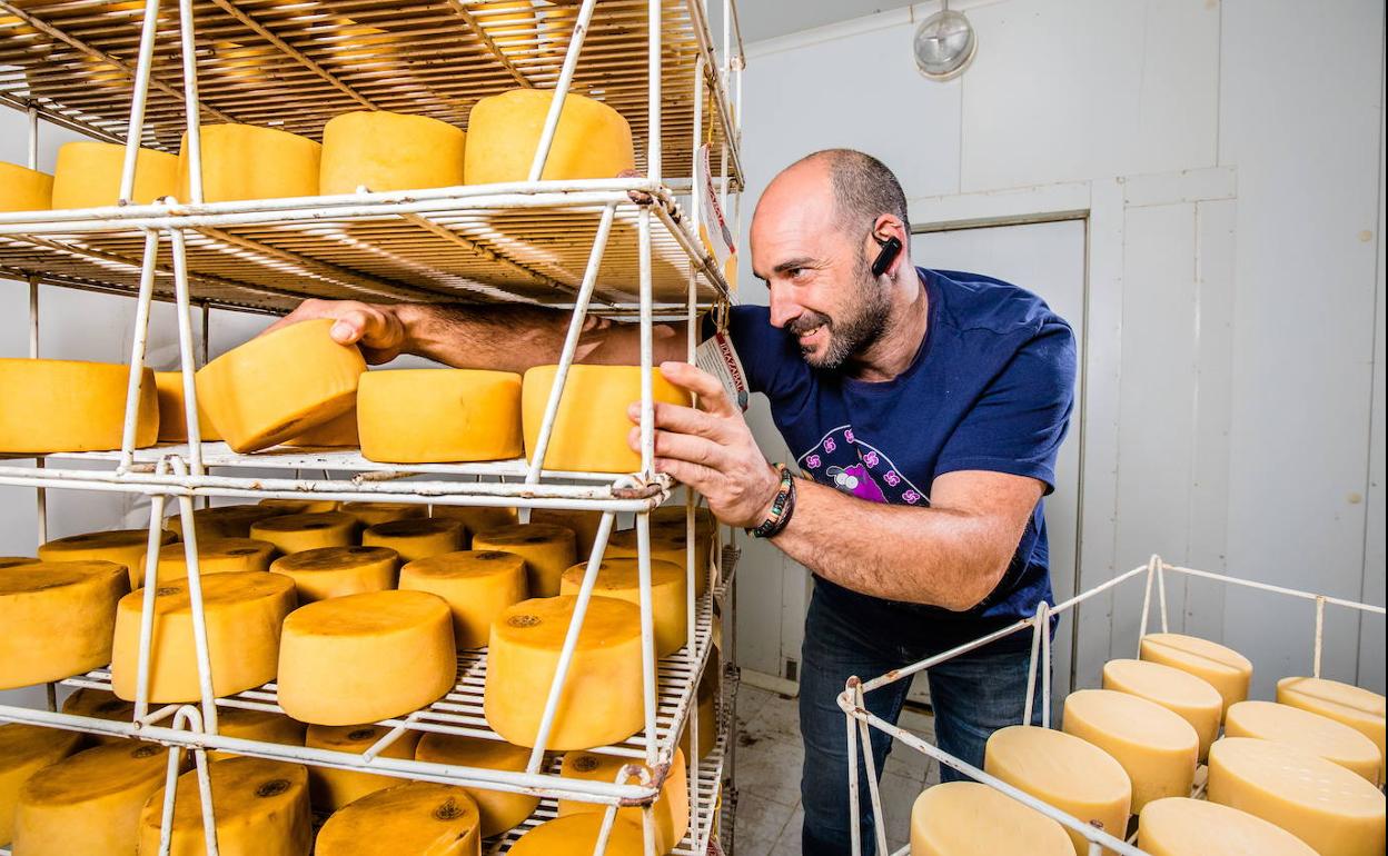 Gorka Asurmendi, de la premiada quesería Azkarra, examina sus quesos. 