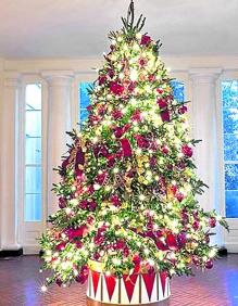 Imagen secundaria 2 - La sala de recepcion diplomática, en rojo y dorado. La columnata del ala Este, ornamentada en blanco y cristal. A la derecha, uno de los 20 abetos.