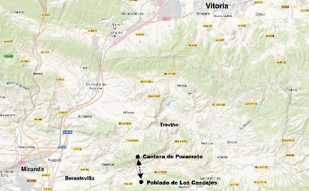 El poblado hallado en Tobera (Berantevilla) se encuentra 2 kilómetros en línea recta de la cantera neolítica de sílex de Pozarrate (Treviño). 