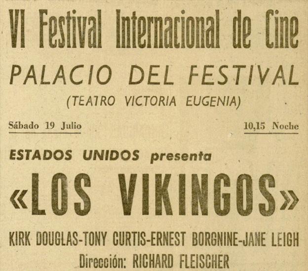 Anuncio de la proyección de la película 'Los vikingos' (El Diario Vasco, 19 de julio de 1958).