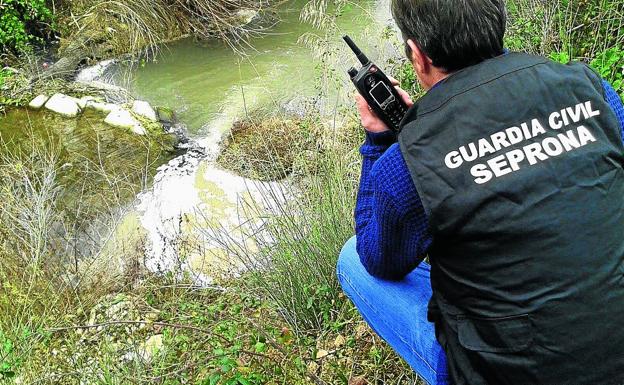 Un agente especializado de la Guardia Civil investiga un vertido contaminante en un río. 