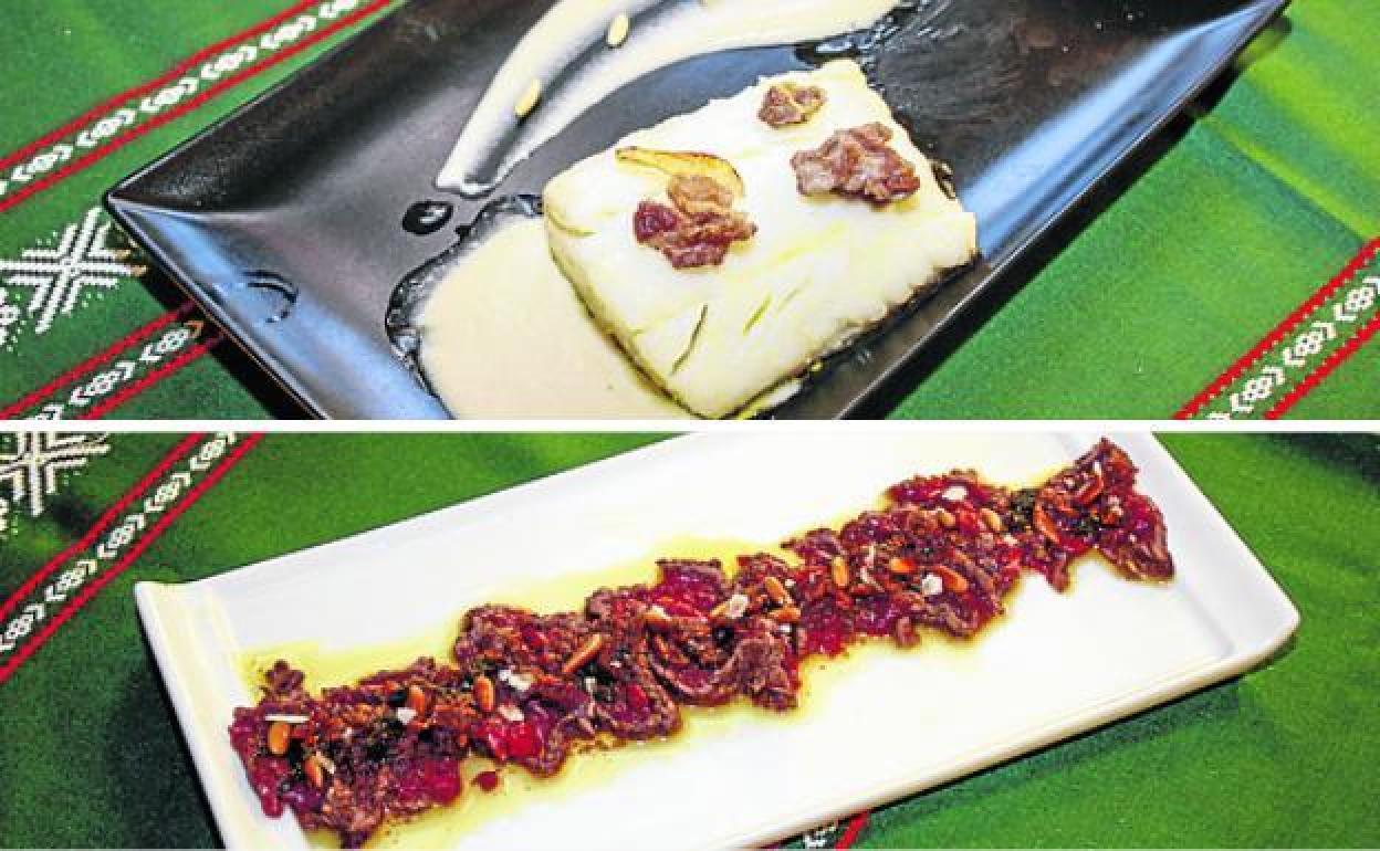 Bacalao confitado sobre crema de coliflor y crujiente de papada ibérica y taco de picaña 'de aquí'. 