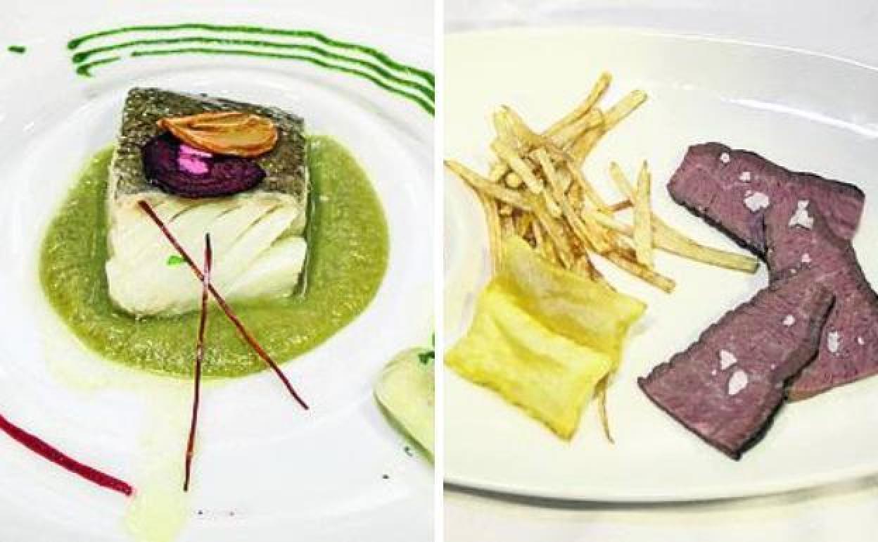 Taco de bacalao sobre crema ligera de pimientos y kokotxas al pilpil y picaña con patatas soufflé y salsa Burduntzi. 