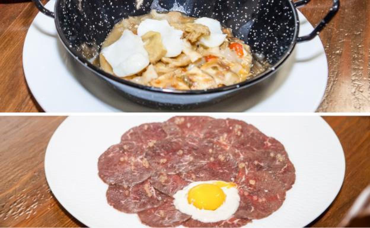 Bacalao globaliano y carpaccio de 'onglet' sagardotegi. 