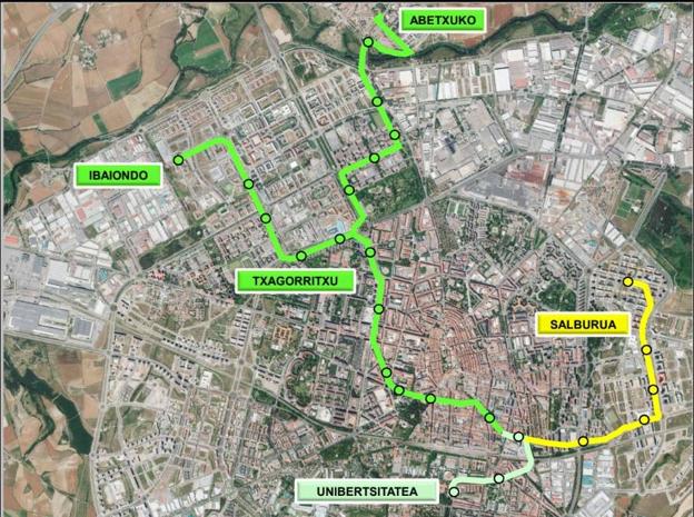 Imagen de las diferentes líneas del tranvía, una vez que el ramal de Salburua entre en servicio.