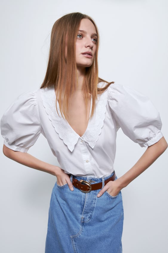 Camisa con cuellos XL y mangas globo, de Zara (19,95 euros).