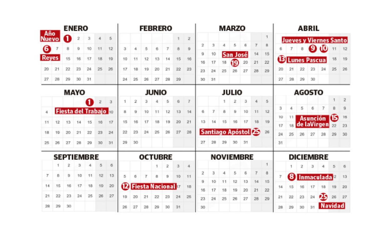 Calendario laboral de 2020, en el que febrero es bisiesto.
