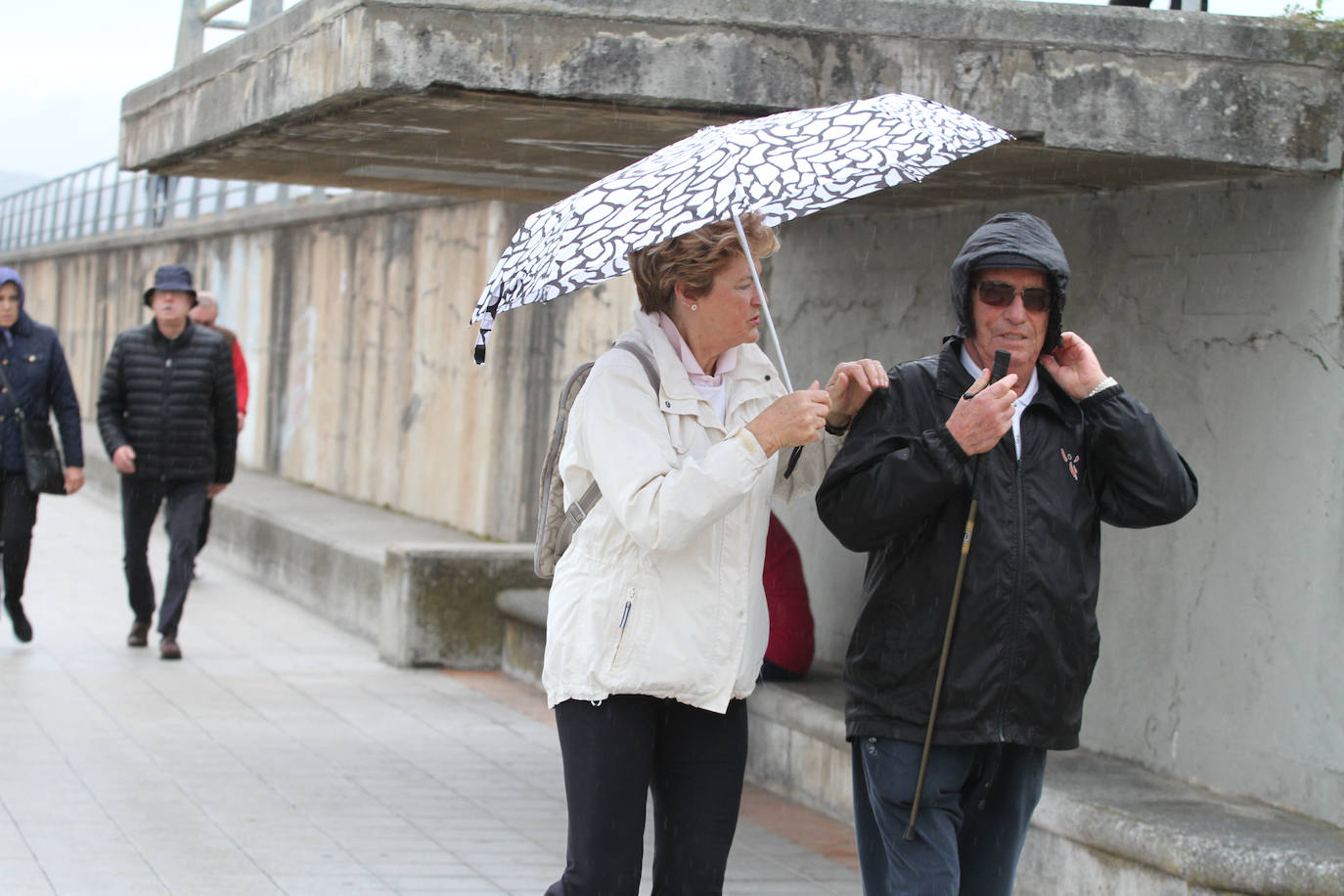 Los pocos valientes que salieron al paseo de Ereaga (Getxo) para dar un paseo sufrieron los fuertes vientos del temporal.