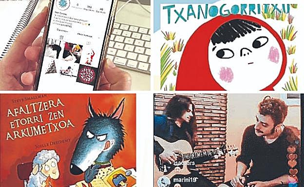 Xabier Garcés, con su reto de Instagram, en las dos siguientes imágenes, el blog educativo de Amaia Ladislao y, por último, el grupo Shinova durante su concierto.