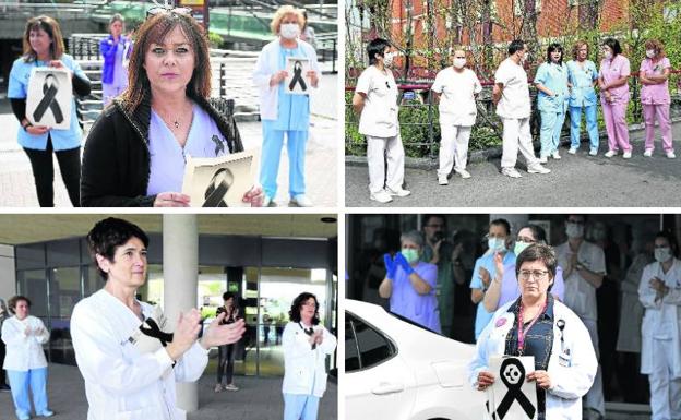 Arriba: Compañeras de Encarni en Cruces recuerdan su paso por el hospital. A la derecha: Minuto de silencio en el hospital de Basurto. Abajo: A la entrada del hospital de Urduliz. A la derecha: Mari Cruz González muestra un crespón negro en Galdakao. 