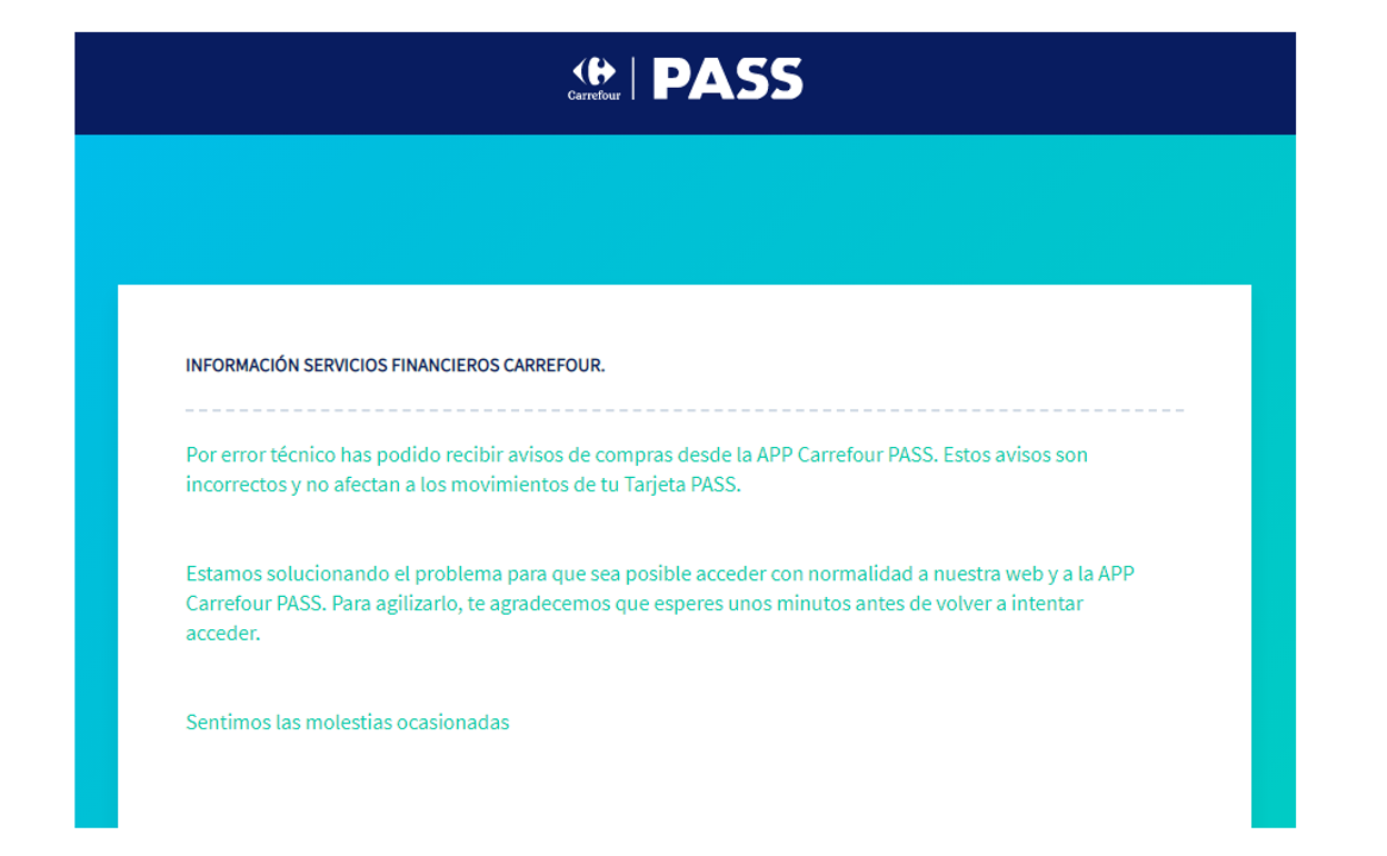 Mensaje publicado en la página web de atención al cliente de la tarjeta Carrefour Pass.