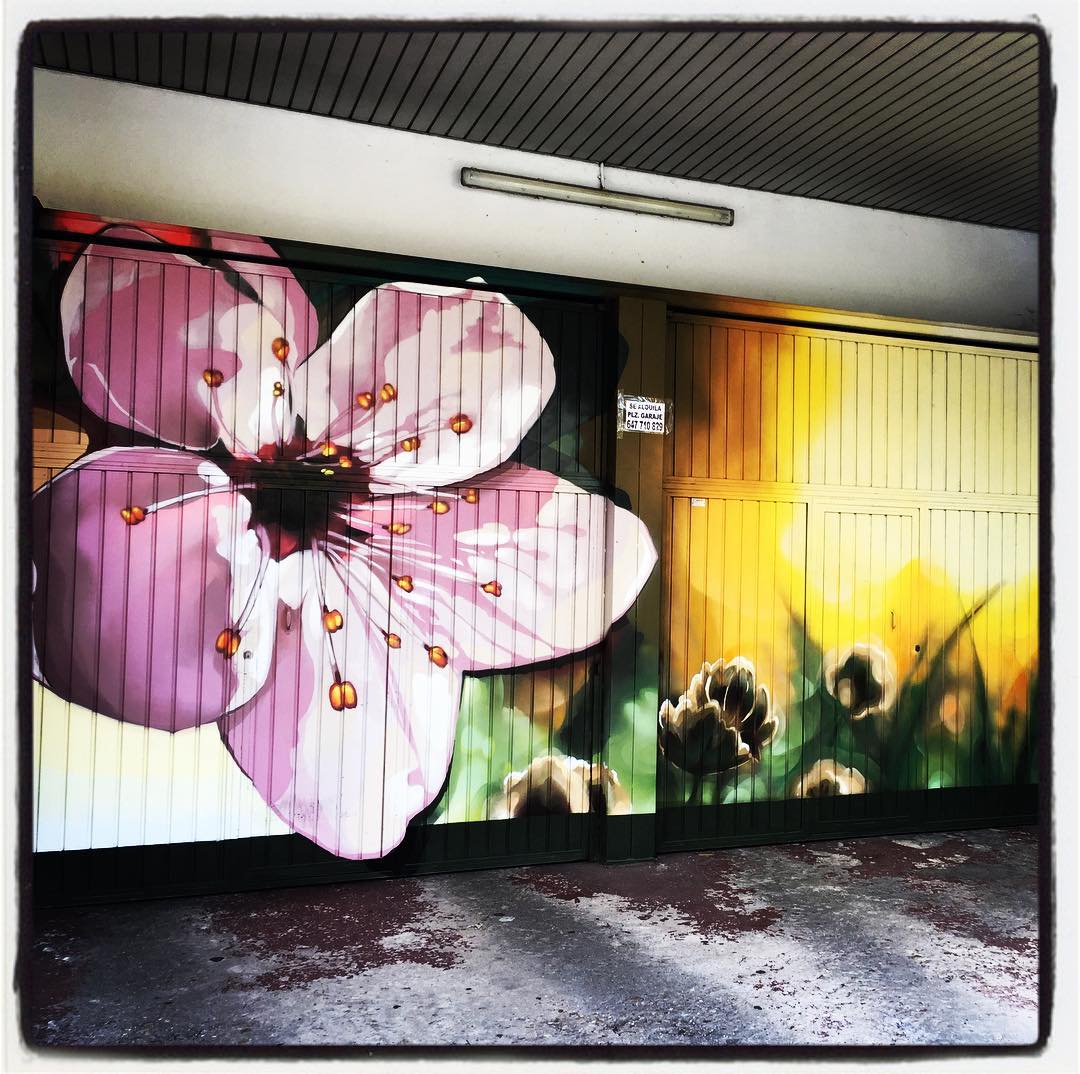 Las flores ocupan un lugar destacado en muchos garajes comunitarios pintados de Vitoria; a los que los artistas dotan de coloridas y vistosas entradas.