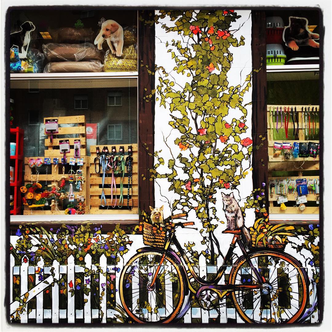 Este negocio especializado en mascotas está situado en la calle Voluntaria Entrega, en el barrio vitoriano de Lakua-Arriaga. Su fachada, todo un espectáculo para las pupilas, nos adentra en un paisaje pintoresco, donde no faltan canes y felinos. Lleva el inconfundible sello de Pakiyo.