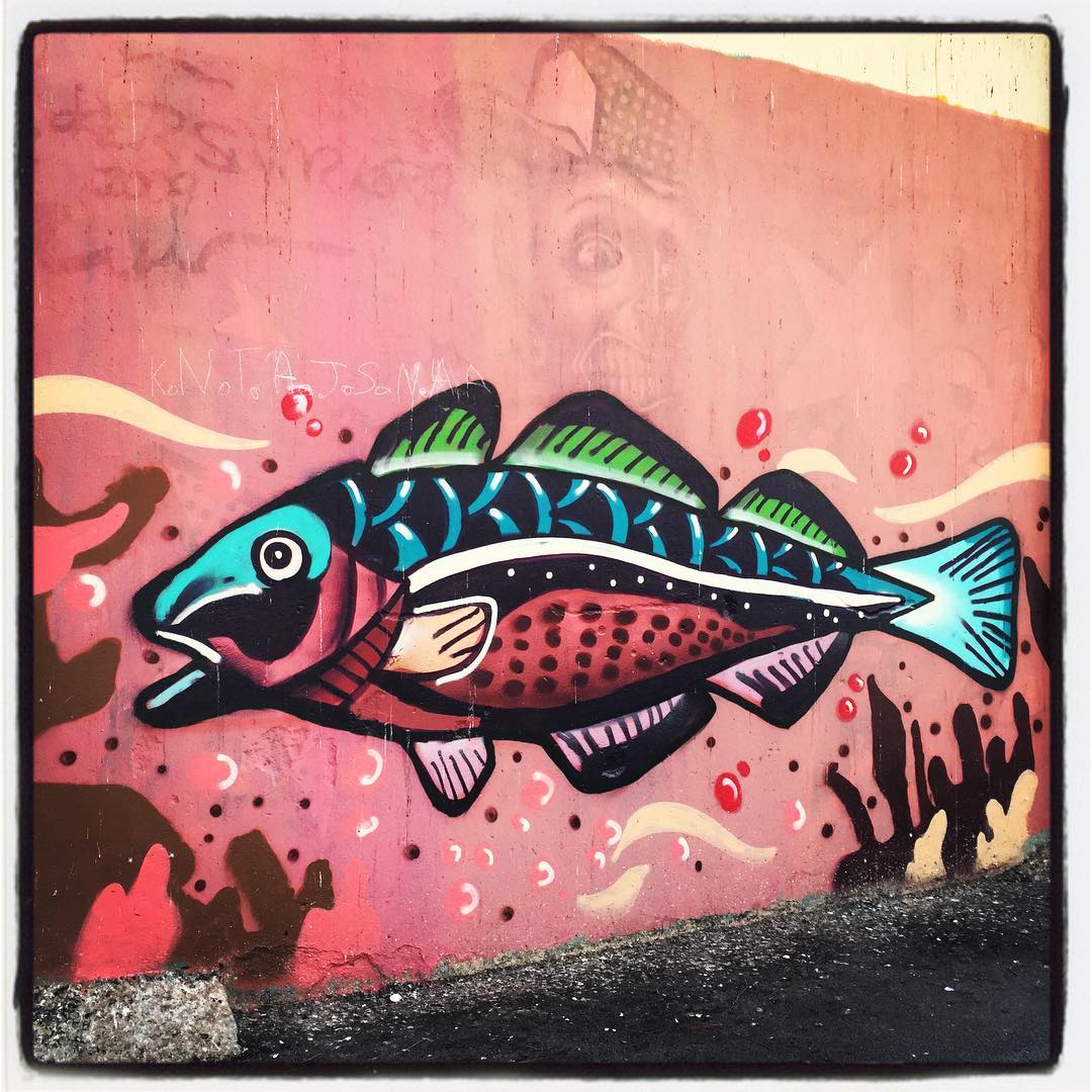 Los peces también surcan las paredes de la capital alavesa. Este colorido y gigantesco ejemplar se puede ver en uno de los laterales del polideportivo situado en el patio del colegio público Ángel Ganivet, en el barrio de Santa Lucía.