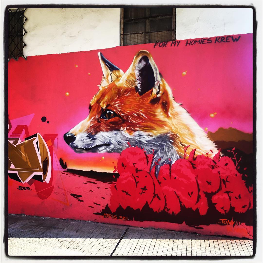 El zorro rojo es un animal silencioso y muy cauteloso, que caza sobre todo por la noche. El que reina sobre esta pared del barrio de San Cristóbal resulta muy realista.