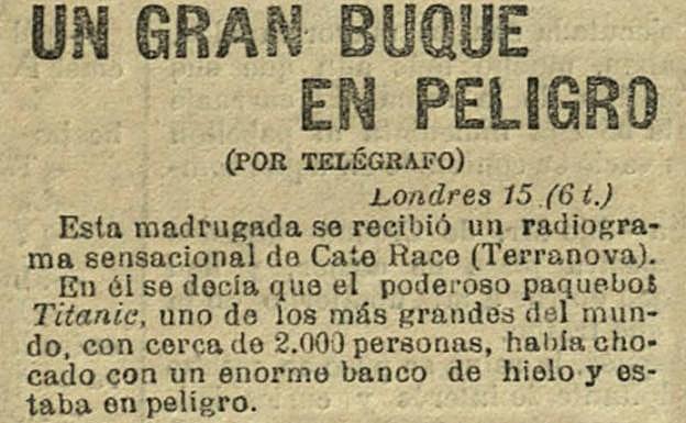 Titular de la primera noticia sobre el Titanic (El Liberal de Bilbao 16 de abril de 1912). 