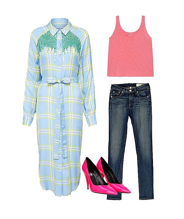 Vestido de Essentiel Antwerp, camiseta básica de Mi&Co. (54 euros), vaquero de Rag & Bone (a la venta en Vestiaire Collective), salones de Yves Saint Laurent (453 euros en Yoox).