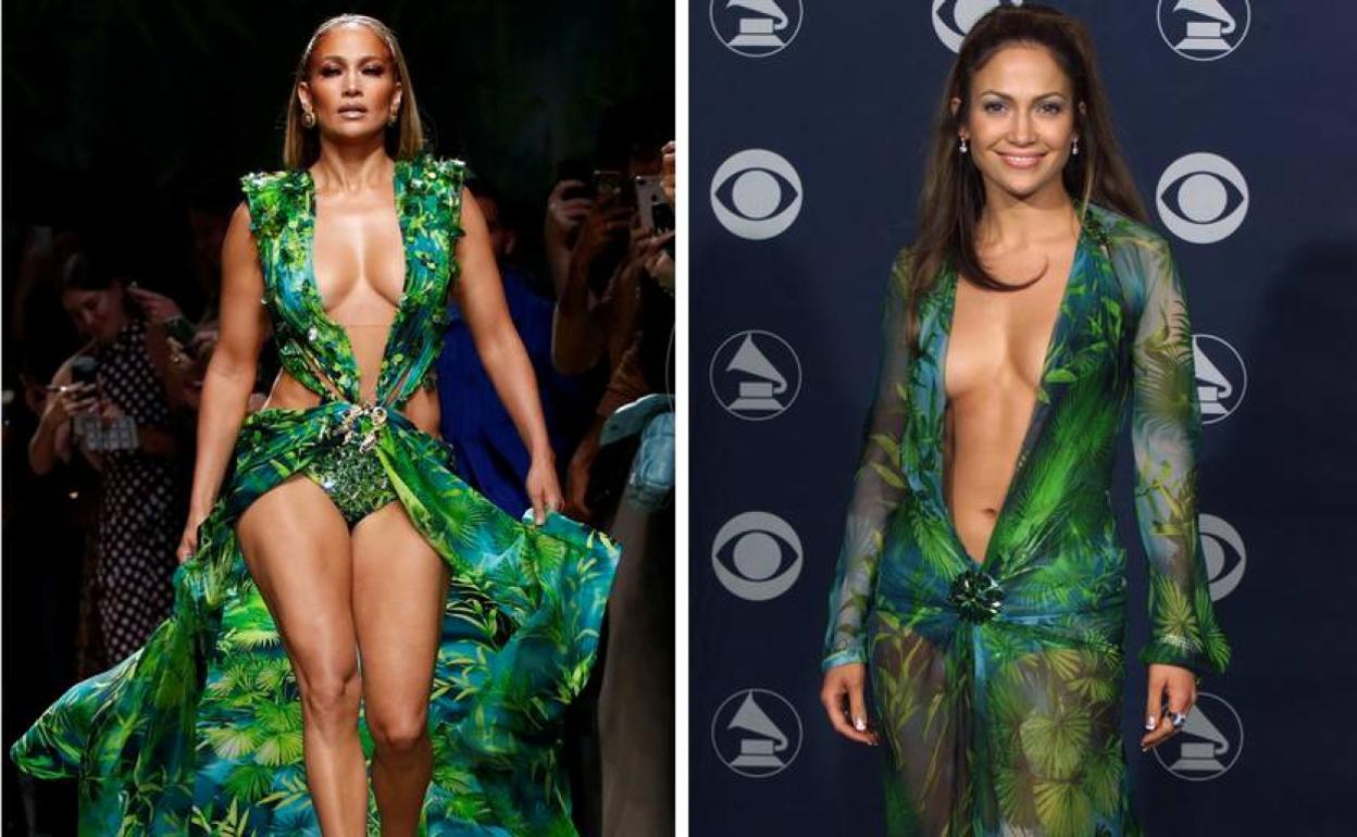 Casi veinte años. Sobre estas líneas, JLo con el modelo de Versace en 2000 y a la izquierda, en septiembre del año pasado.