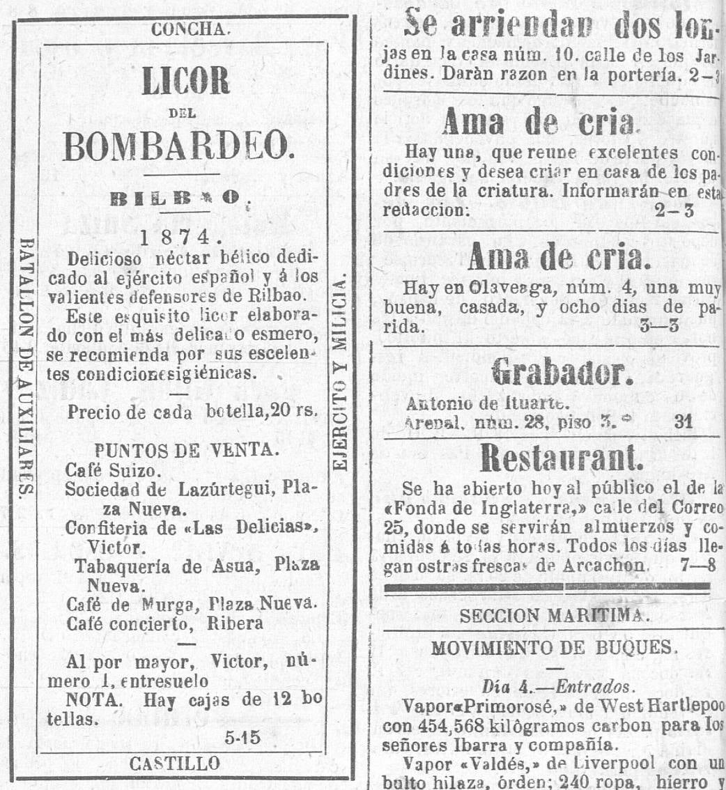 anuncio Licor del Bombardeo 1878 - Noticiero Bilbaíno. 