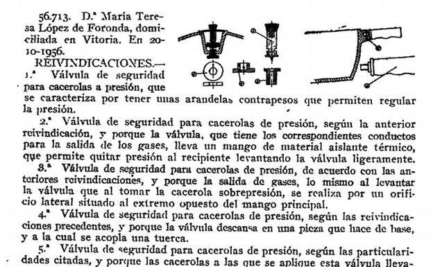 Solicitud de patente de María Teresa López de Foronda para las ollas Cumbre. 