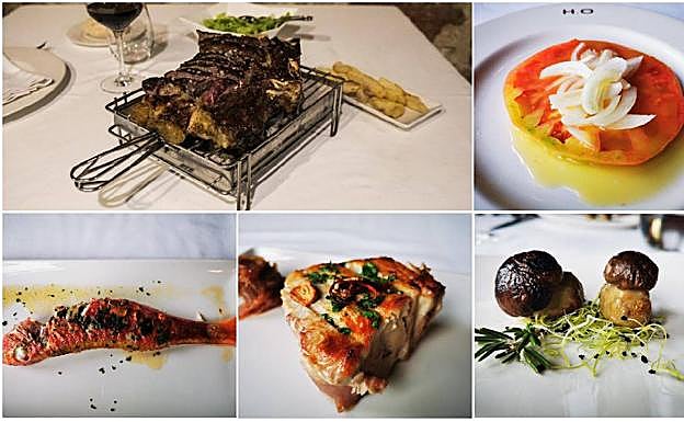 Txuleta, tomate con cebolla de Jon Barrenetxea, excelente salmonete en sazón, bonito y hongos diminutos asados. 