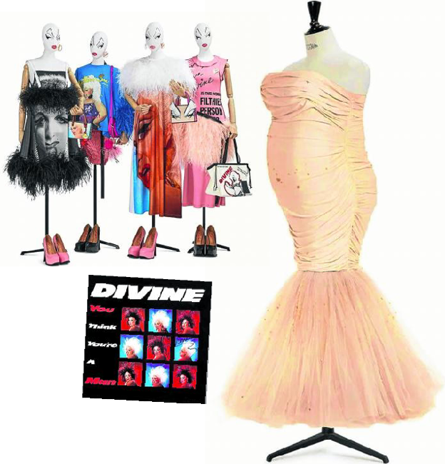 Arriba, la colección de Dior dedicada a su figura. Abajo, carátula del maxi single 'You Think You Are a Man', de 1984. A la dcha., vestido hecho para que Divine actuase en la obra 'The Neon Woman'. 