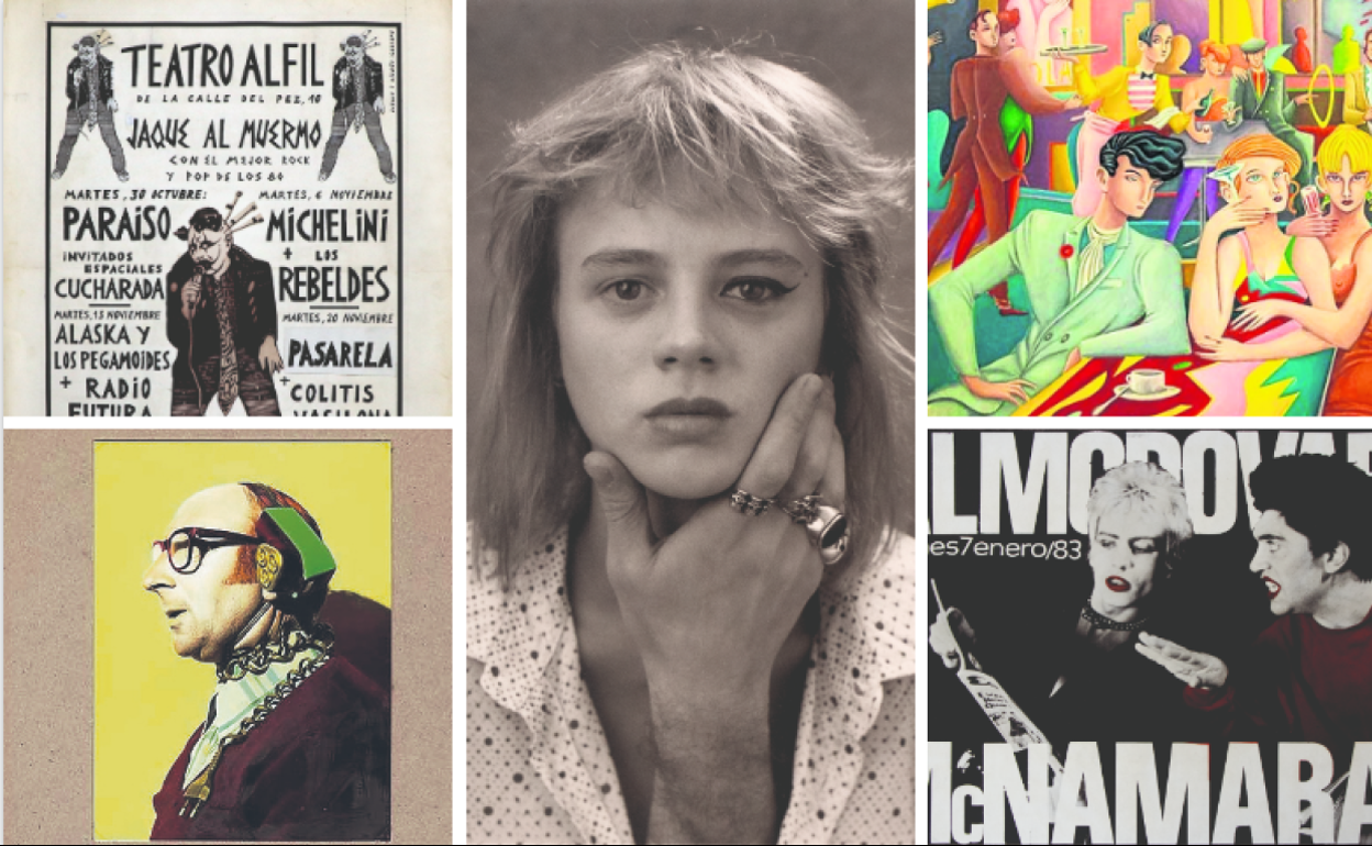 Izquierda: Cartel para Alfil (1980), de Ceesepe y Peluquería, 1980. Centro: Emma Suárez, probablemente una imagen de 1987. Derecha: Café de Madrid, 1982. Acrílico sobre lienzo de Ceesepe y Concierto de Almodóvar y McNamara en Rock-Ola, 7/1/83. 