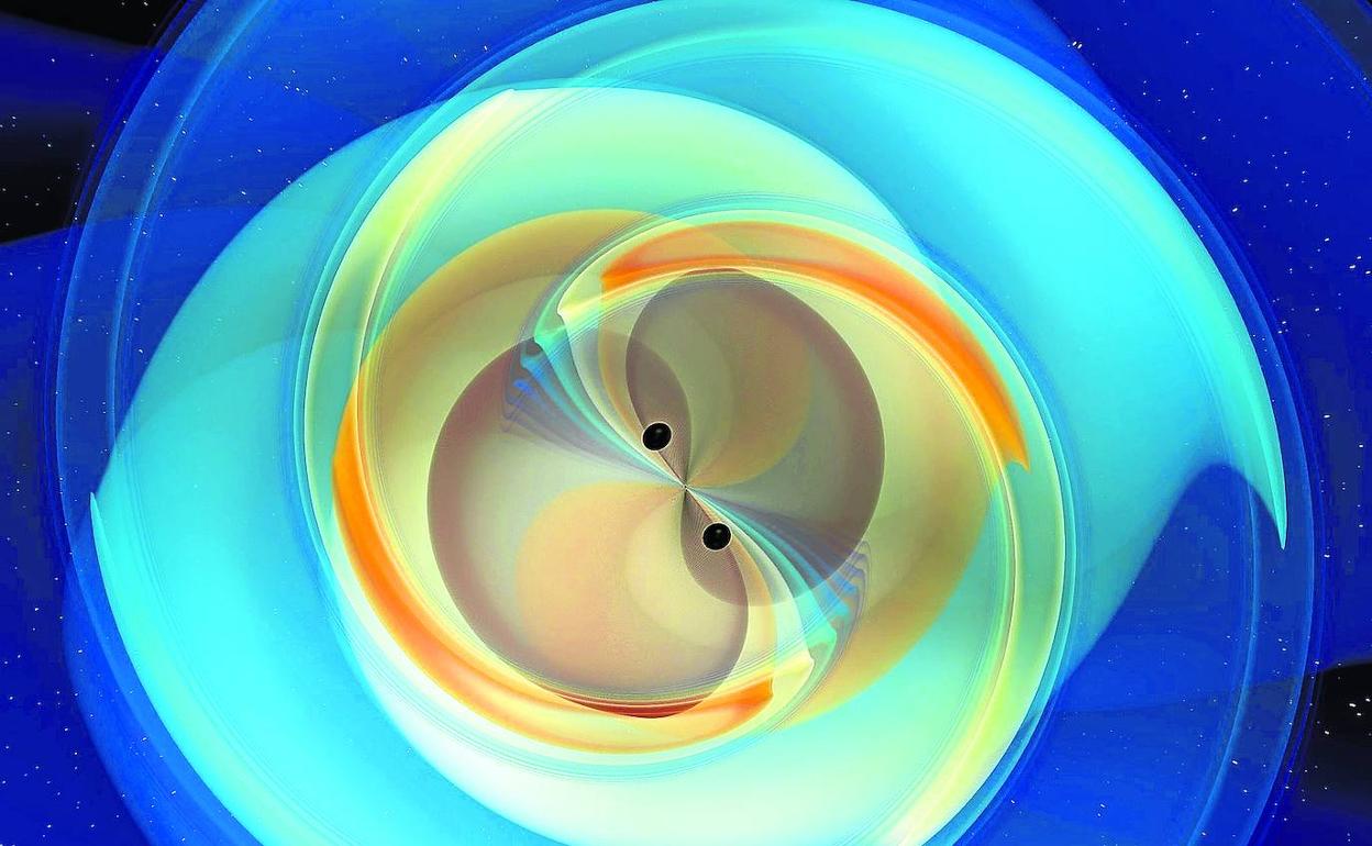 Recreación de la fusión de los dos agujeros negros. N. Fischer, H. Pfeiffer, A. Buonanno, Simulating eXtreme Spacetimes (SXS) Collaboration