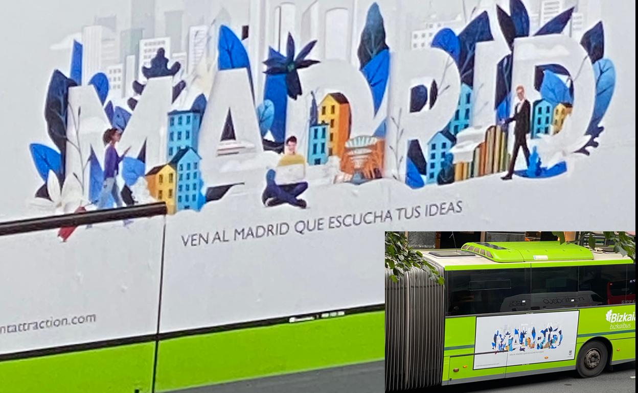 Imagen de una unidad de Bizkaibus con el anuncio que anima a invertir en la capital madrileña. 