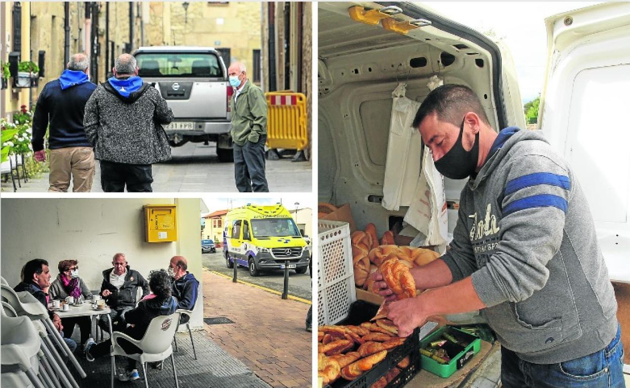Vecinos de Berantevilla, con el pañuelo de fiestas al cuello pese a la imposibilidad de celebrarlas. Una ambulancia pasa junto a la terraza de 'Veronica's Bar en Rivabellosa. Félix reparte pan de Miranda de Ebro en Zambrana.