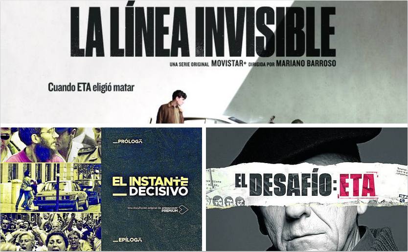 Collage. Carteles de las diversas series y documentales sobre la violencia en Euskadi lanzados estos meses.