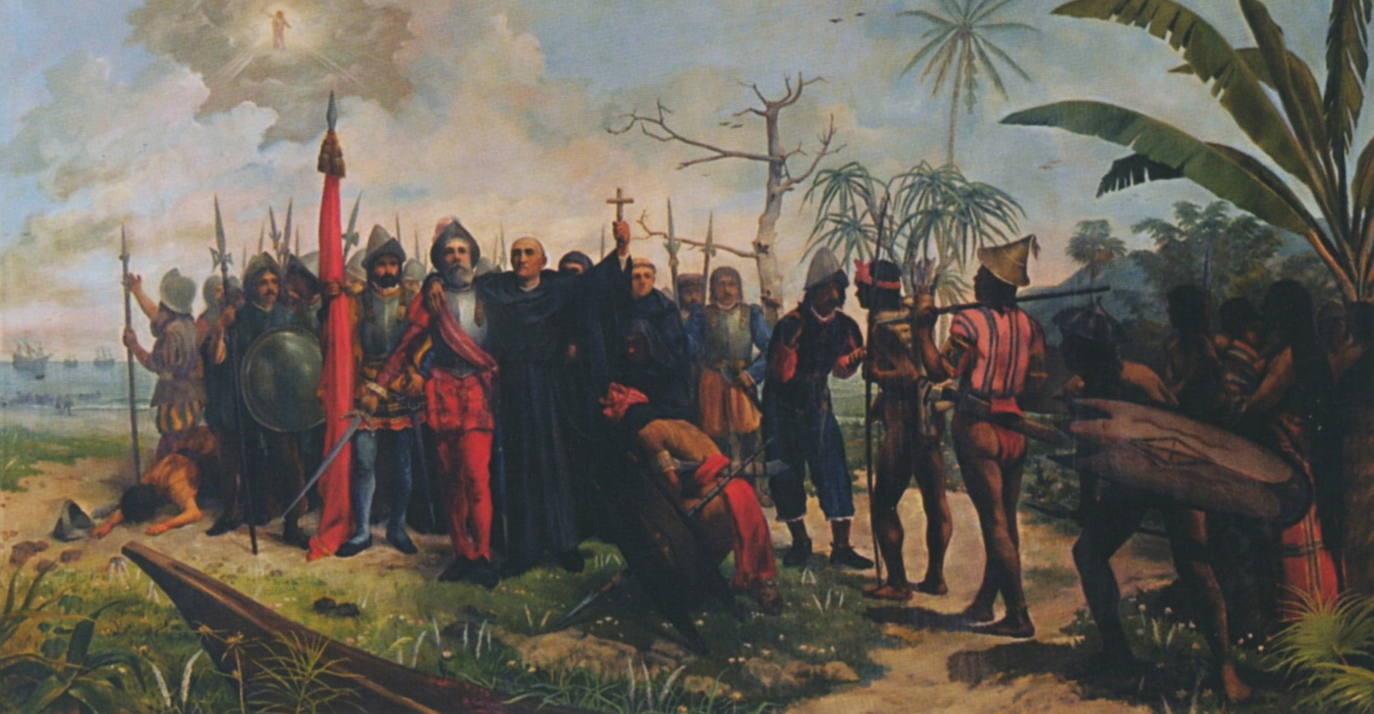 Cuadro del pintor filipino Telesforo Sucgang que recoge la llegada de Miguel López de Legazpi y fray Andrés de Urdaneta a Filipinas.