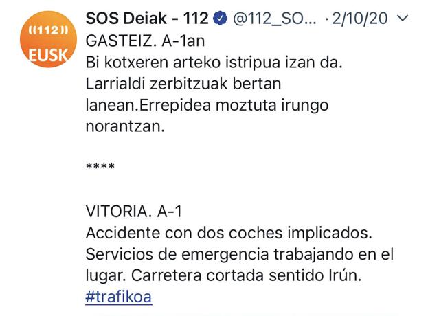 Aviso lanzado el 2 de octubre por SOS Deiak sobre el accidente. 