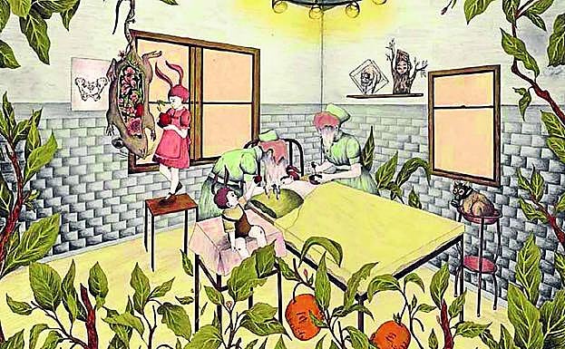 Imagen principal - Arriba, Los particulares espacios oníricos de Paula Huarte se pondrán a la venta en diferentes formatos. A la izquierda, un ejemplo de las peculiares y poéticas piezas tridimensionales de Sonia Alins. A la derecha, Dibujo de la donostiarra Elena Odriozola, Premio Nacional. 