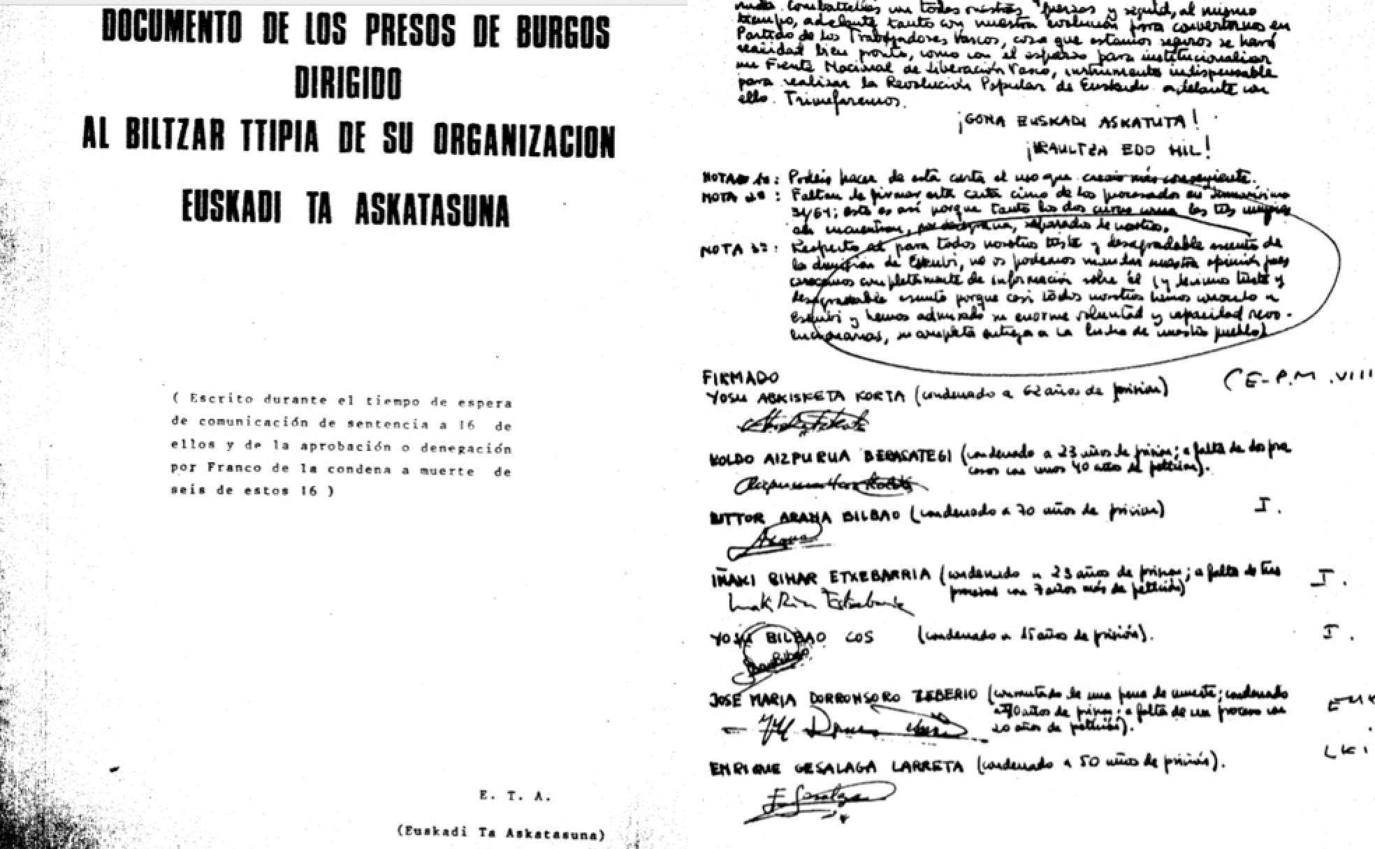 El documento fue escrito en la cárcel antes de conocerse el contenido de la sentencia. En la imagen, la útima página con el nombre y la firma de sus autores. 