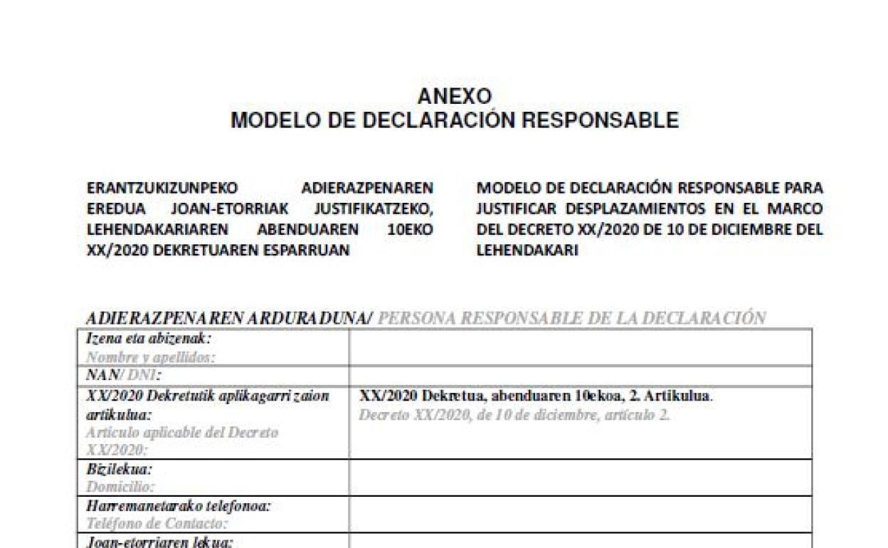 Este es el justificante de movilidad para salir de Euskadi desde el 23 al 2 de enero