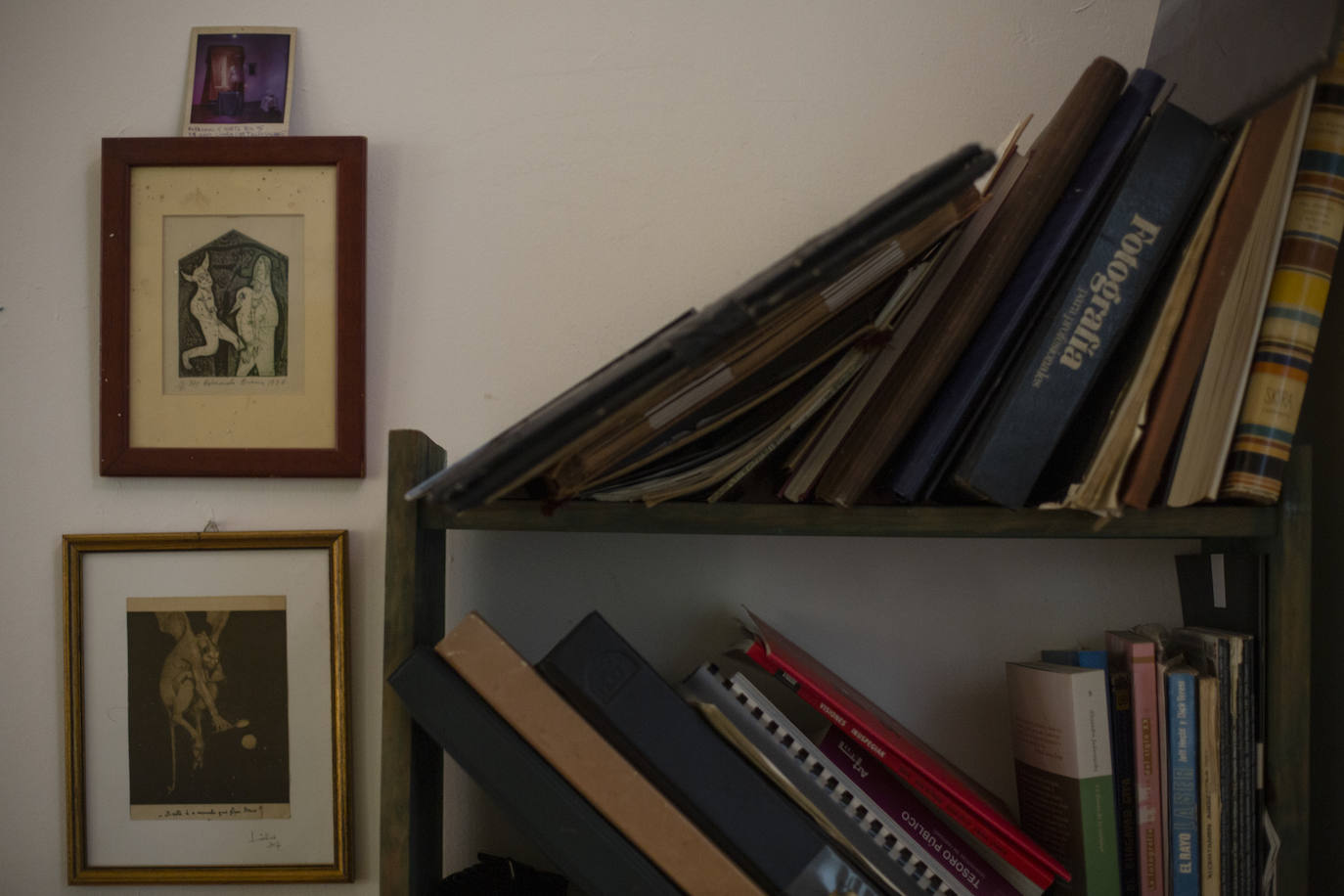 Grabados en la pared, en un rincón del estudio de César San Millán, al lado de libros y documentación.