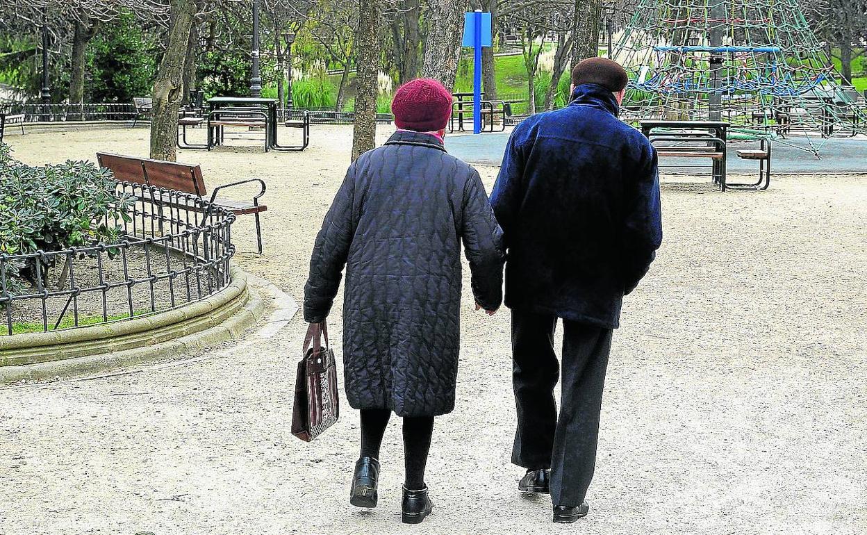 Un matrimonio de personas mayores camino por un parque. 