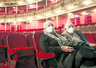 Imagen secundaria 1 - Mari José Arráiz y Aurelio Gutiérrez posan frente al cuadro 'Vista de Bermeo' de Luis Paret y Alcázar, adquirida con las aportaciones de los Amigos del Museo. Ana Okamika, junto a su marido Emilio Gómez, en su «sitio de siempre»: primera fila, butaca 1. Begoña Murguialday acude a las asambleas y colabora en algunas tareas en Pabellón 6. 