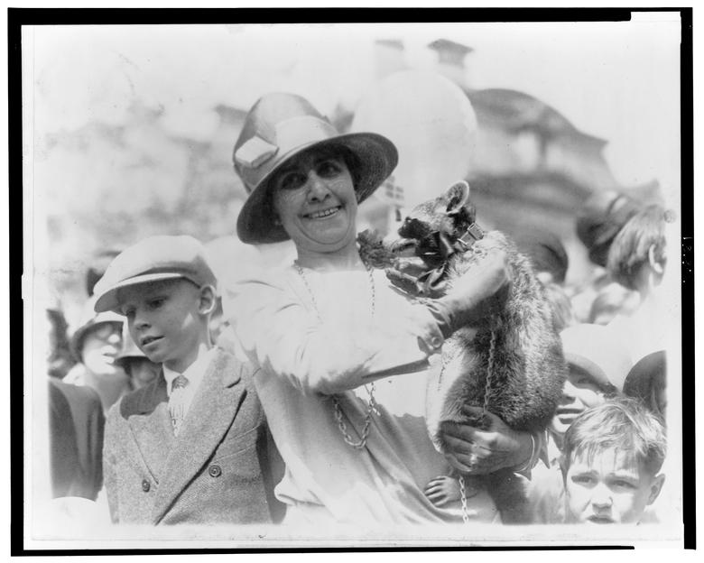 . La primera dama Grace Coolidge, esposa del presidente Calvin Coolidge, muestra su mapache mascota Rebecca a una multitud de niños reunidos para el Rollo de huevos de Pascua en la Casa Blanca en Washington, DC, el 18 de abril de 1927. 