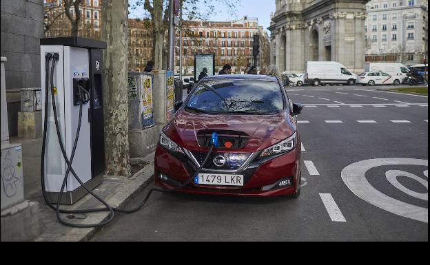 Vehículo eléctrico cargando en la Puerta de Alcalá de Madrid 