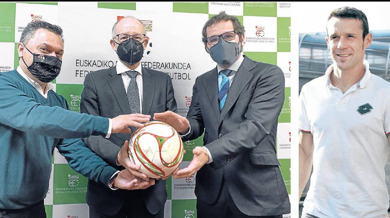 Carlos Gómez, Javier Landeta y Jon Larrea, integrantes de la candidatura 'Denon Taldea' y, a la derecha, Koikili Lertxundi. 