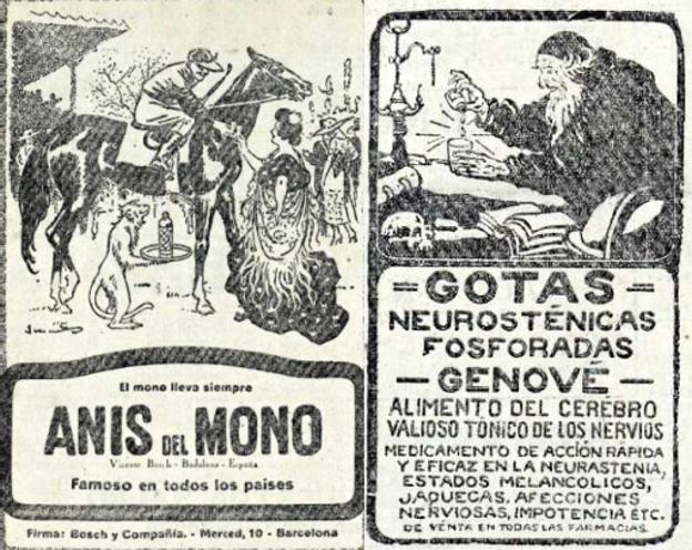 Anuncios de Anís del Mono y de las gotas neurosténicas fosforadas Genové publicados en marzo de 1921.