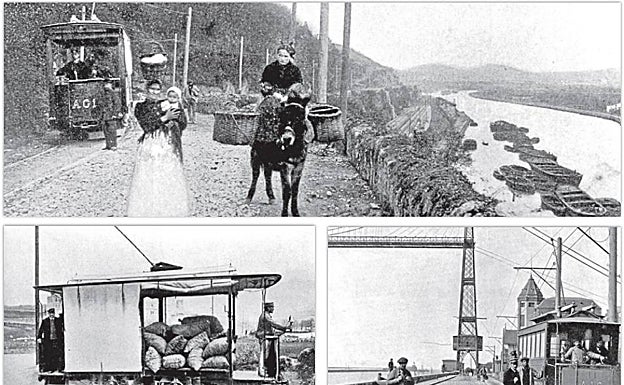 Arriba: Camino a Zorroza. Todavía no se había construido la línea de Feve. Abajo: Bilbao y Getxo. El tren eléctrico a su paso por el barrio de Zabalburu (izda), y junto a la ría ya en Las Arenas. 