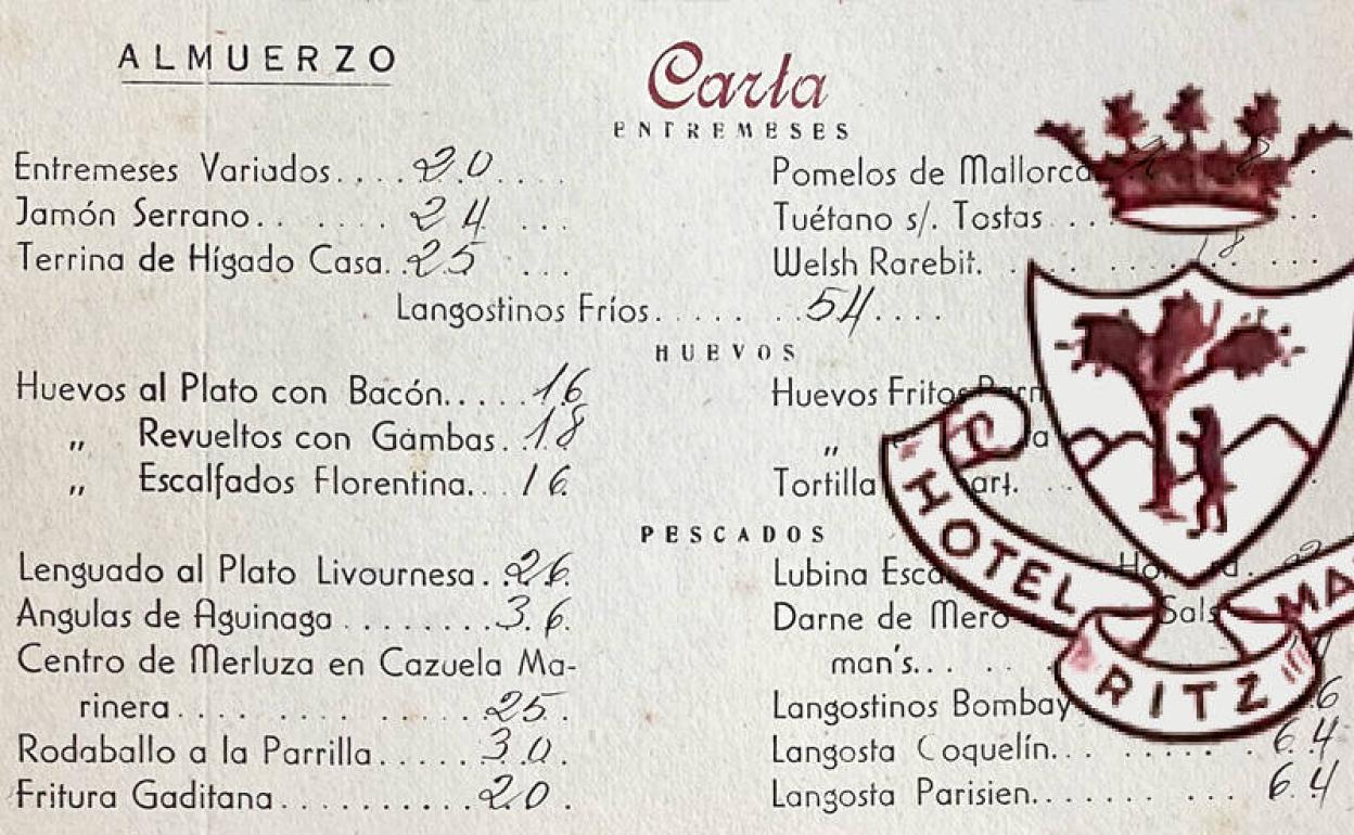 Antiguo logotipo del Hotel Ritz de Madrid y carta de su restaurante en 1950