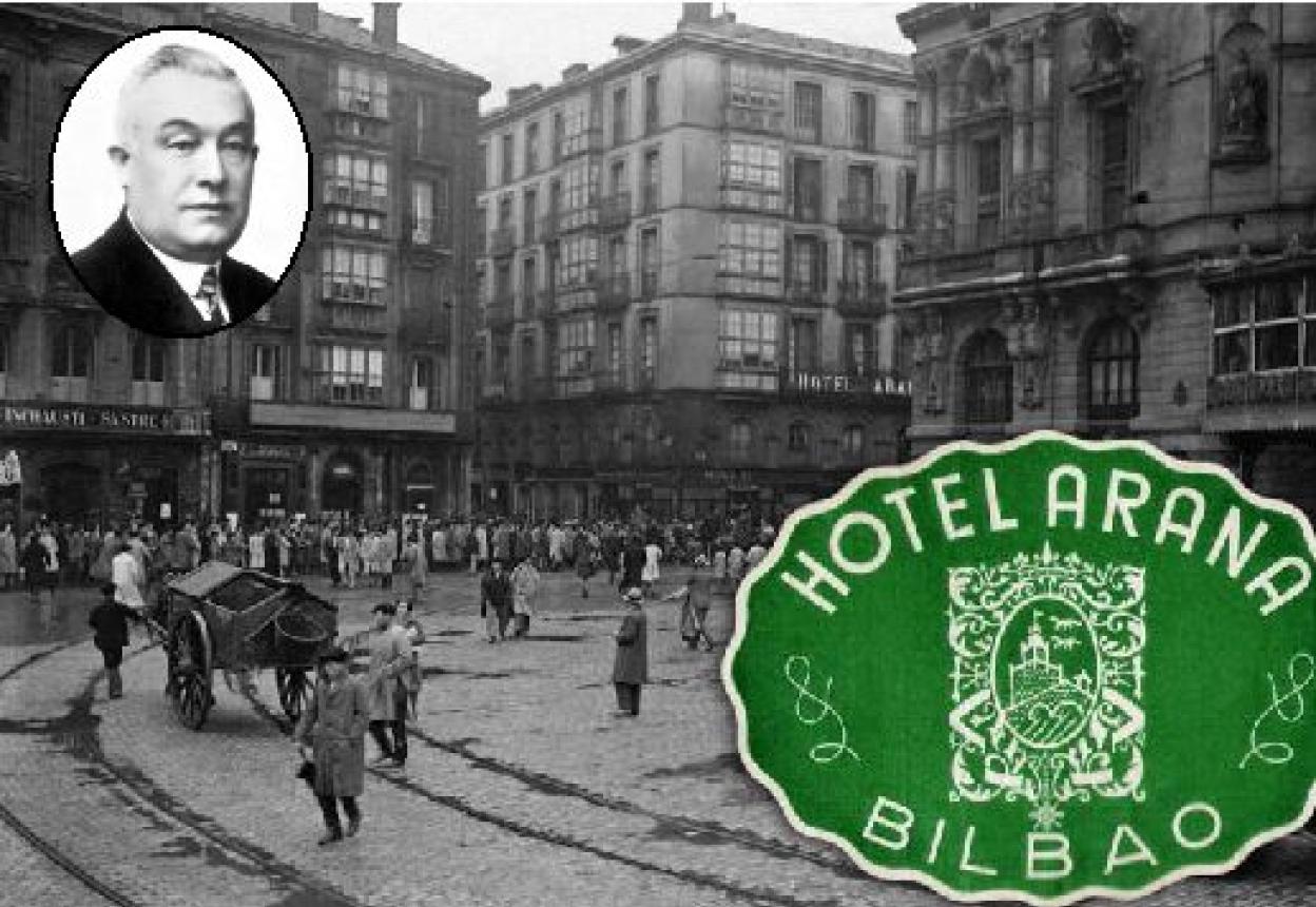 El letrero del Hotel Arana asoma junto a una esquina del Arriaga en una foto de los años 30 (Todocolección). 