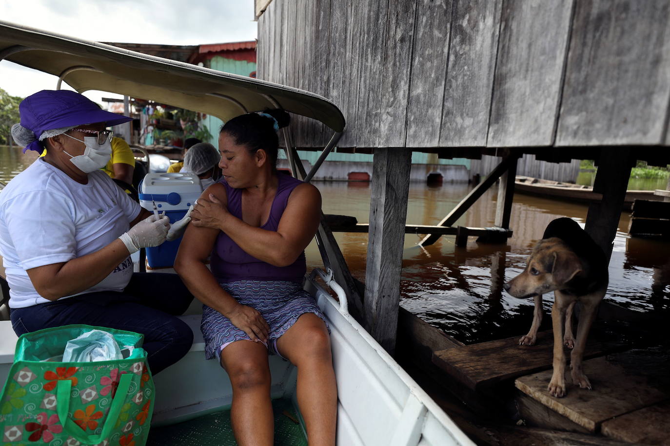 Los fenómenos naturales no han sido obstáculo para vacunar en Brasil. Aquí, los sanitarios se desplazaron en barcas para atender a la población de Anama, en el Amazonas, tras el desbordameinto del río Solimoes.